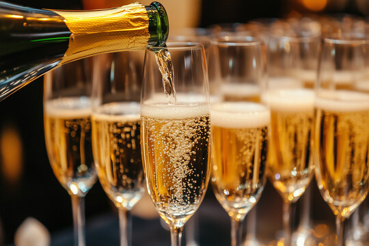 Champagne Pouring in Glasses. Close-up of champagne being poured into a row of glasses, perfect for festive celebrations and parties.