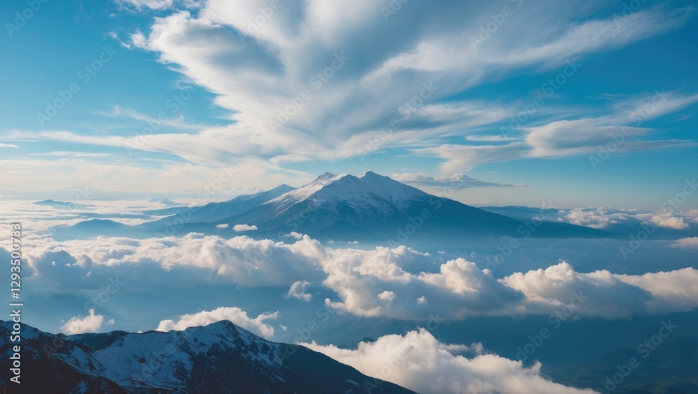 Poster majestic mountain peaks surrounded by dreamy clouds under a vibrant sky with space for text overlay 