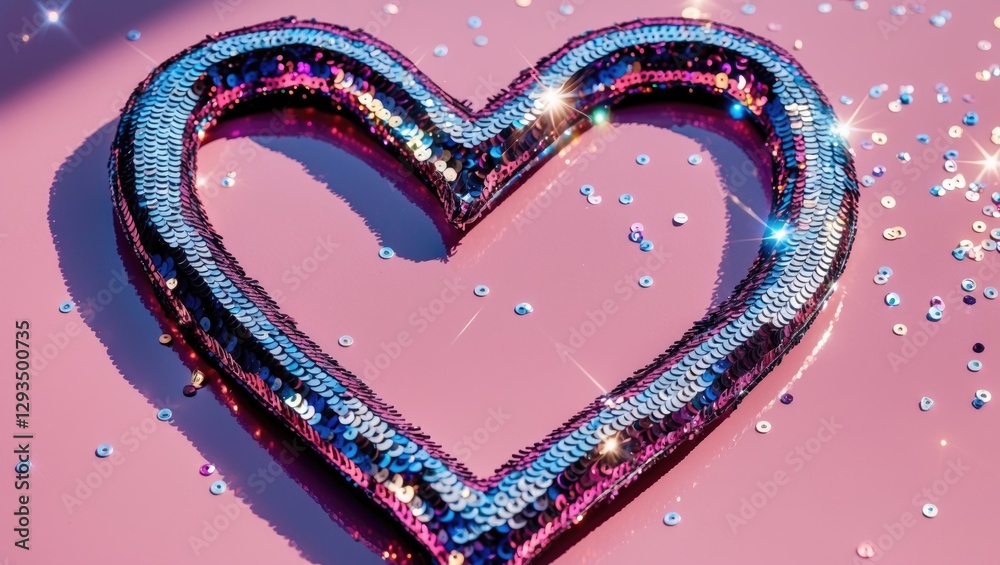 Poster sparkling heart-shaped sequins on a pastel pink background creating a vibrant and festive design per