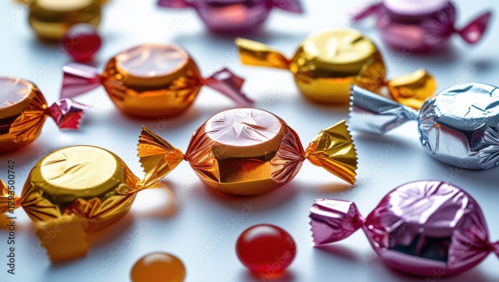 Poster colorful assortment of shiny wrapped candies scattered on a white background showcasing various shap