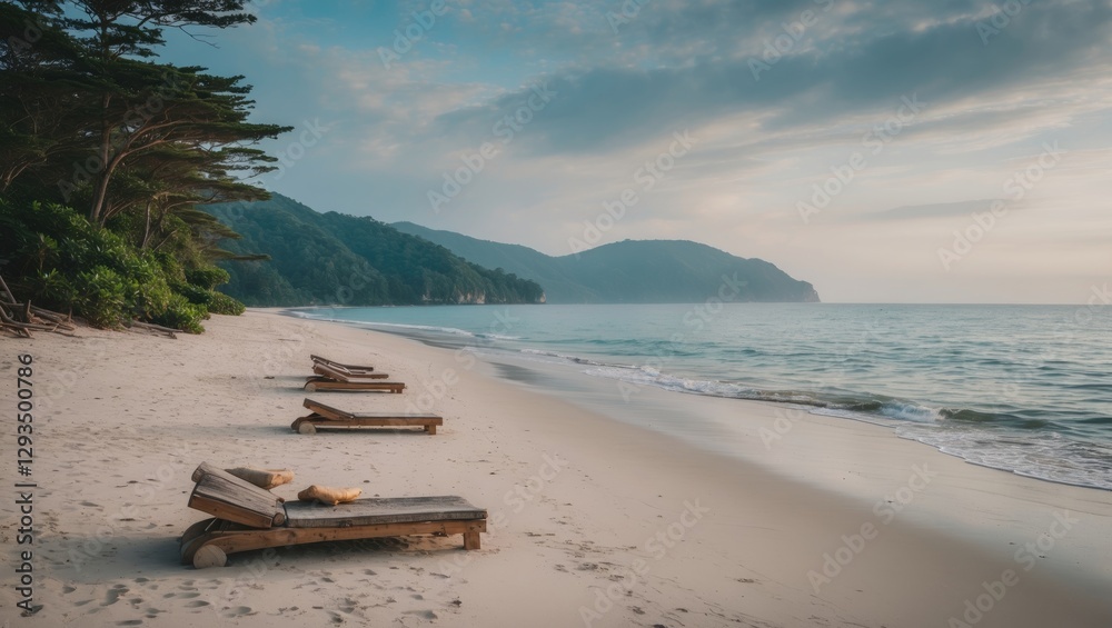 Poster tranquil secluded beach with lounge chairs and gentle waves at sunrise surrounded by lush greenery a