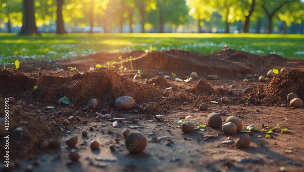Poster detailed view of freshly turned soil in a park with small plants sprouting under warm sunlight and g