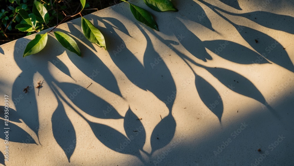 Poster Leaves Casting Intricate Shadows on a Light Surface in Sunlight Creating a Calming Natural Atmosphere
