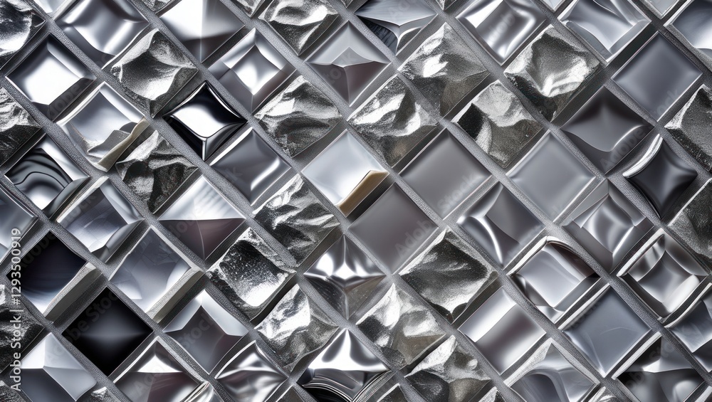 Poster Reflective Silver Mosaic Tiles with a Wavy Texture Creating an Elegant and Modern Design Suitable for Interior Decor and Backgrounds