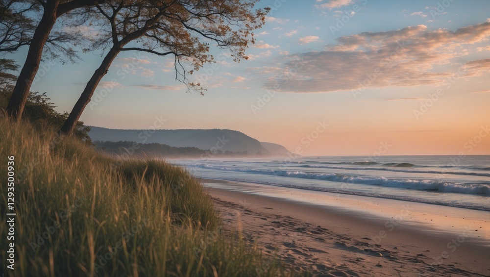 Poster serene beach landscape at sunset with gentle waves and lush grass in foreground reflecting nature's 
