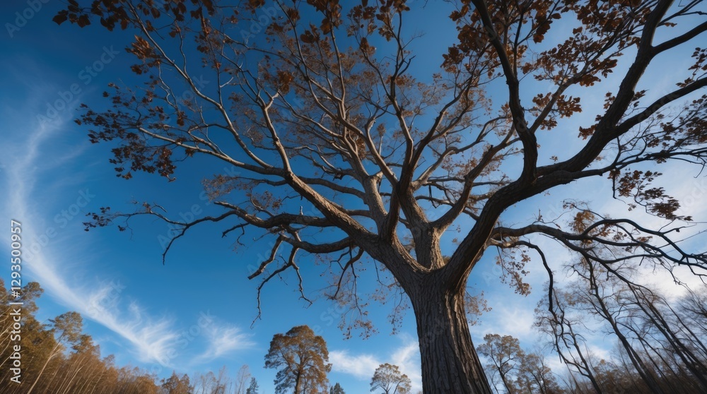 Poster majestic low angle view of a leafless tree's intricate branches against a blue sky, capturing nature