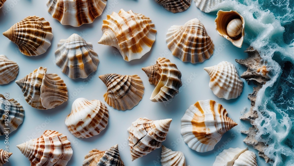Poster collection of diverse cockleshells arranged on a blue surface with water elements, ideal for decorat