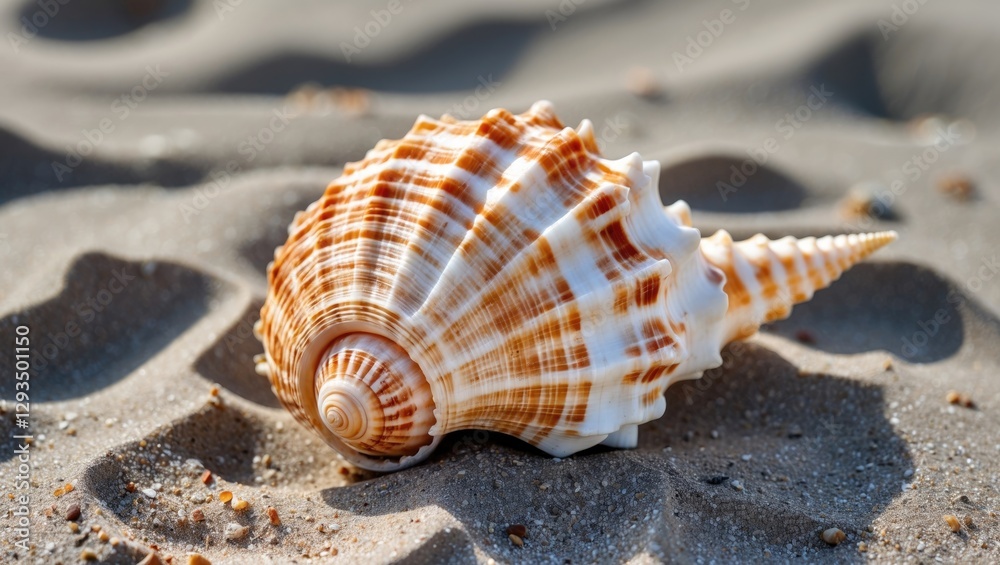 Poster beautiful sea shell on sandy beach with soft textures and natural patterns in sunlight