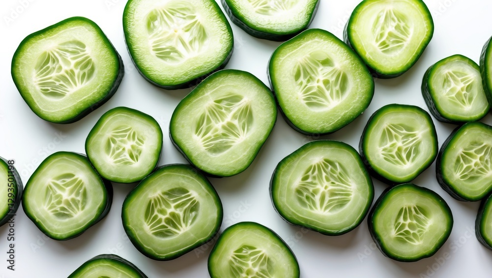 Aufkleber Fresh cucumber slices arranged on a white background showcasing their vibrant color and intricate textures in a flat lay composition.