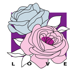 Decorative garden vintage blue and pink rose with purple square shape and love text. Female summer print, t-shirt design. Line art label. Hand drawn beautiful flowers. Vector stock illustration.	