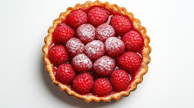 Delicious raspberry tart topped with powdered sugar, showcasing