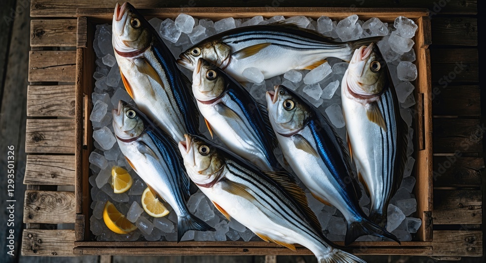 Poster Freshly Caught Marine Fish Displayed in a Wooden Crate with Ice and Lemon Slices on an Old Wooden Table from Above
