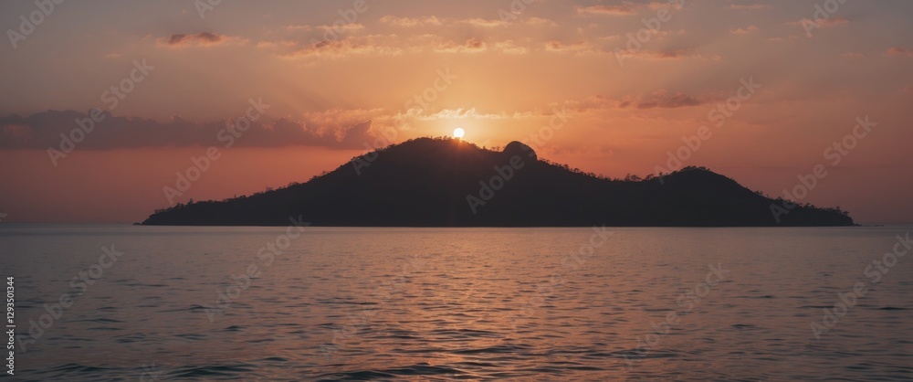 Aufkleber Silhouette of a tranquil island at sunset with serene ocean reflections and ample space for customizable text or captions