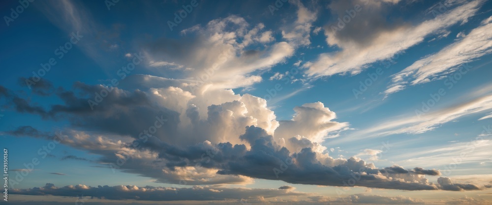 Aufkleber Dramatic sky with fluffy clouds illuminated by soft sunlight creating a serene and tranquil atmosphere for landscape photography.