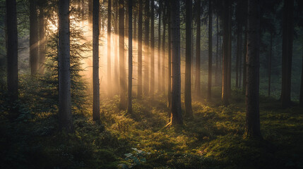 Obraz premium Magical sunrise rays in a misty green forest with tall trees fog calm dark woods image light nature
