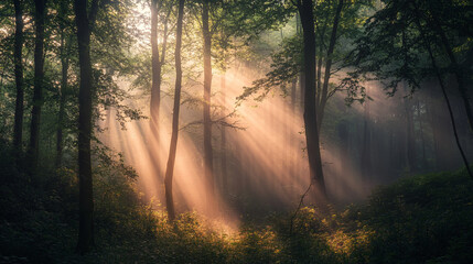 Magical sunrise rays in a misty green forest landscape fog calm trees woods light beams image nature