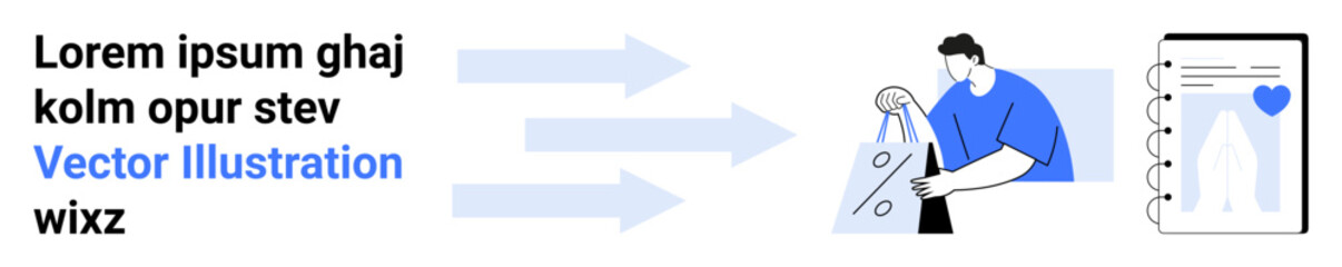 Abstract arrows lead to a man holding shopping bags and a smartphone with a delivery tracking app. Ideal for e-commerce, delivery services, online shopping, customer journey, retail, logistics