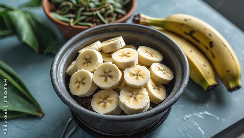 Poster Sliced Bananas in a Pot on Table with Fresh Bananas and Plants Healthy Eating and Nutrition Concept with Space for Text