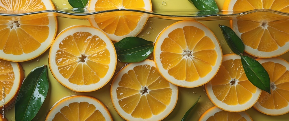 Poster fresh orange slices with leaves floating in water against a vibrant yellow background ideal for food