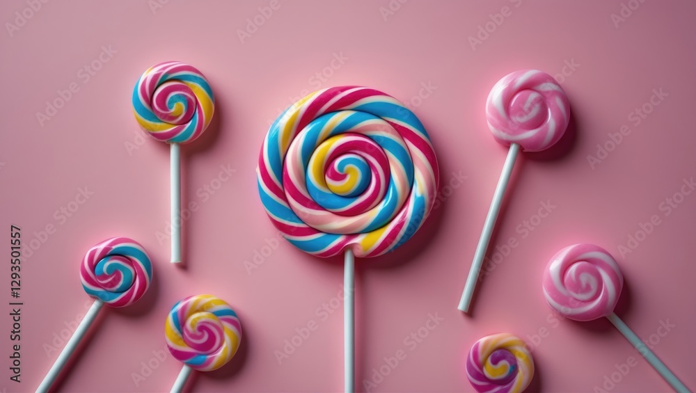 Poster colorful lollipops arranged on a pink pastel background showcasing playful candy design with ample c