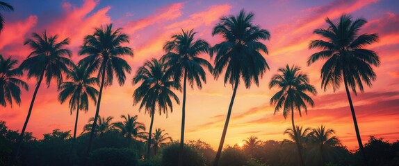 Silhouetted palm trees against a vibrant dawn sky with colorful clouds creating a serene tropical atmosphere at sunrise