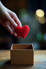 Red Heart Gift in Hand. Hand holds a red plush heart over a box, symbolizing love and gift-giving.