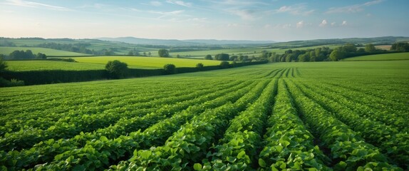Naklejka premium Vast Green Agricultural Field Under Clear Sky with Ample Space for Text Overlay and Scenic Landscape in Background