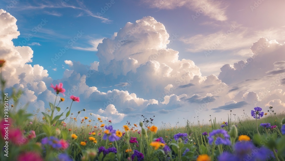 Poster Serene Landscape of Colorful Flowers Under a Beautiful Sky with Clouds and Space for Your Text or Design Elements