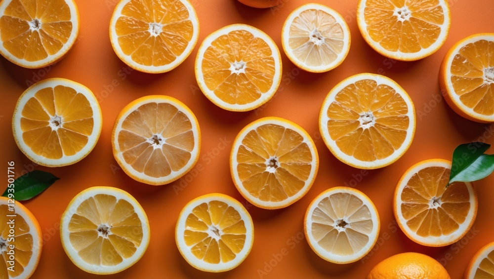 Poster Freshly sliced oranges in a vibrant orange background showcasing juicy segments and citrus textures for a refreshing summer aesthetic.