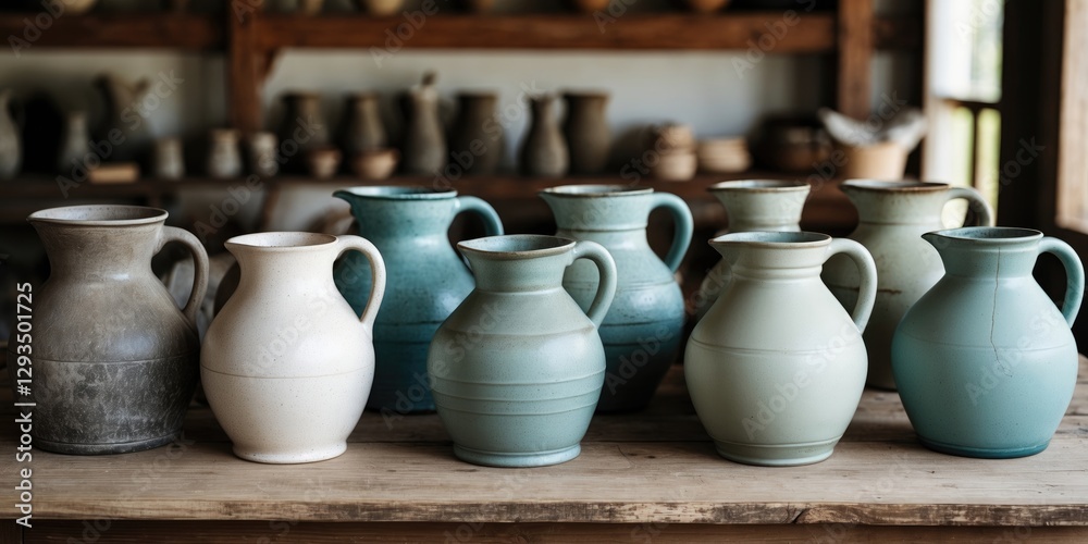 Poster Neatly Arranged Decorative Jugs on a Wooden Table with Copy Space for Text in a Rustic Artisan Setting