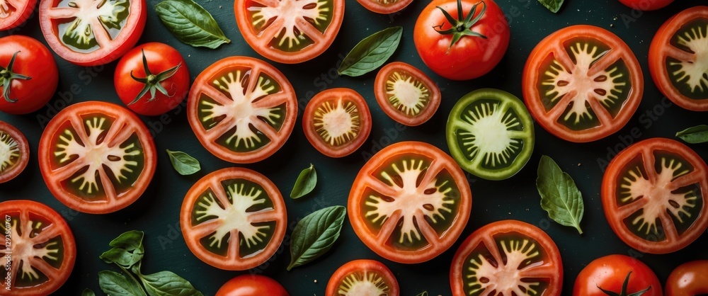 Poster vibrant assortment of sliced tomatoes with basil leaves on dark background showcasing fresh produce 