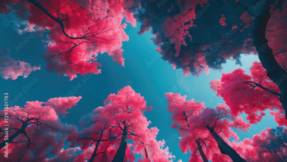 Poster Majestic view of vibrant pink trees against a blue sky with open space for text or design elements. Perfect for artistic projects.