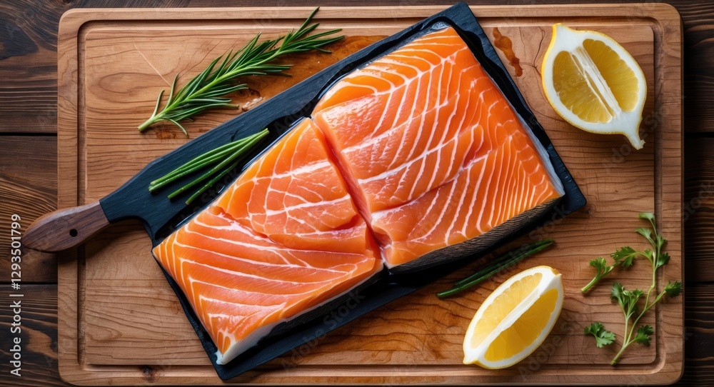 Poster fresh salmon fillet on wooden board with lemon and herbs for culinary preparation top view with copy