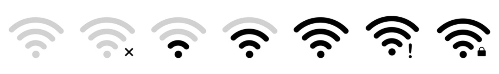 Wireless and wifi icon. Wi-fi signal symbol. Internet Connection. WiFi Strength Levels with Errors Security.  WiFi Signal Icons. Network Strength Indicators. Wireless Connection Symbols. Internet
