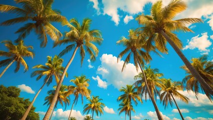 Tropical Paradise with Palm Trees Under a Vibrant Blue Sky and Fluffy White Clouds