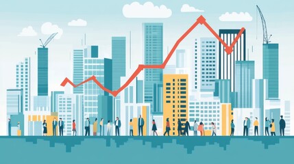 Urban Business Growth Concept with Skyscrapers, People, and a Rising Graph Depicting Economic Development in a Vibrant City Landscape