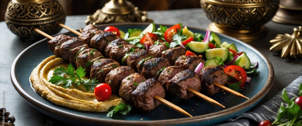 Aufkleber grilled shish kebab skewers served with fresh vegetable salad and creamy hummus on a stylish table s