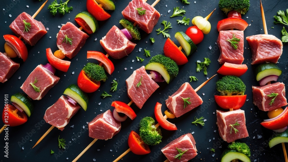 Poster Fresh Skewers with Colorful Raw Meat and Vegetables Ready for Grilling on a Dark Background. Culinary Preparation Concept.