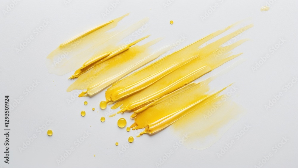 Poster vibrant light yellow watercolor brush strokes with droplets on a clean white background for elegant 