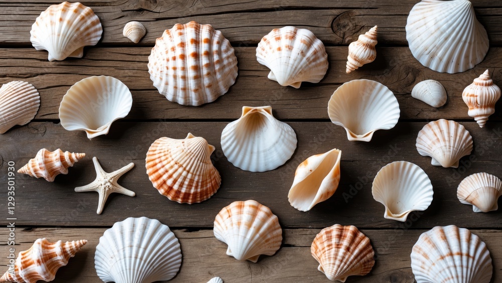 Poster seashells and starfish arrangement on rustic wooden background creating a summer-themed natural deco