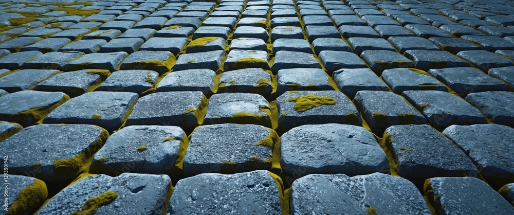 Poster textured gray stone pavement with moss, featuring a rectangular arrangement ideal for urban and arch