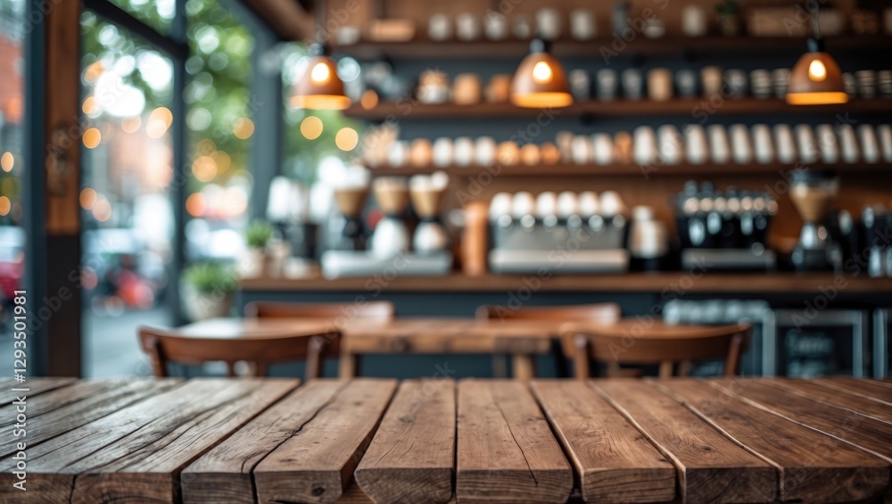 Poster Empty wooden table foreground with a blurred coffee shop backdrop featuring bokeh lights ideal for photomontage or product display.