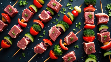 Fresh Skewers with Colorful Raw Meat and Vegetables Ready for Grilling on a Dark Background. Culinary Preparation Concept.