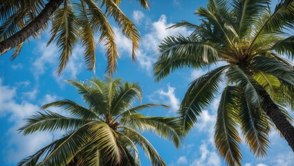 Tropical Palm Trees Against a Bright Blue Sky with Fluffy Clouds in a Sunny Environment