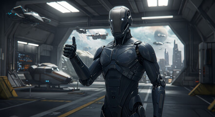 Fototapeta premium Robot facing the screen and giving a thumbs up