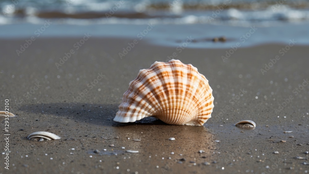 Poster Seashell on Sandy Beach With Water Reflection and Copy Space for Text Ideal for Nature and Summer Themes