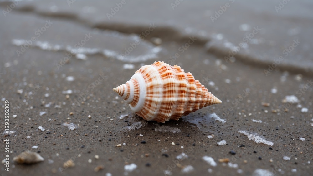 Poster Seashell Resting on Wet Sandy Beach with Gentle Waves and Space for Text Overlay