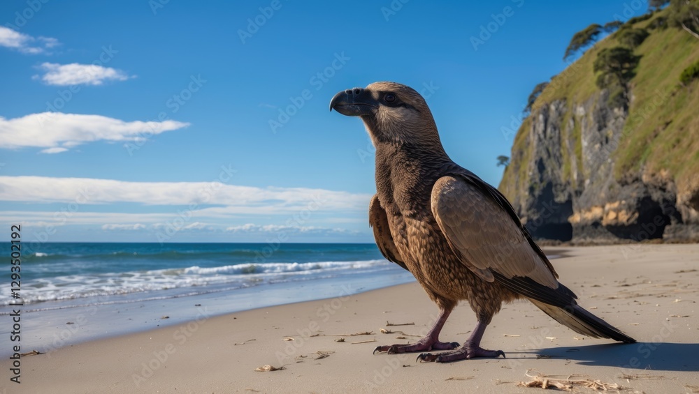 Poster Kakapo Bird on a Beach with Scenic Ocean View and Empty Space for Text Ideal for Nature and Wildlife Themes