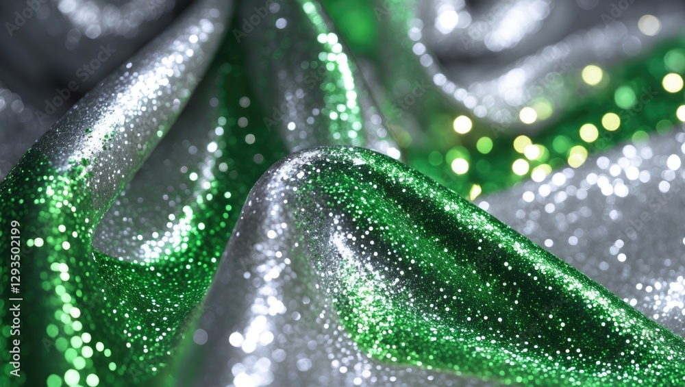 Poster glittering silver and green fabric background with sparkling details ideal for festive designs and p