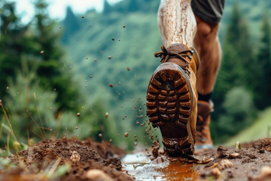 A close-up of a boot stepping through mud, capturing the essence of outdoor adventure and exploration in a lush, green landscape.